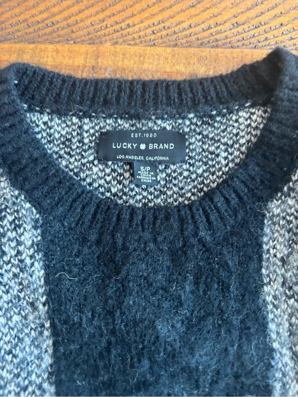 Lucky Brand Black and Cream Buffalo-Check Crew Sweater